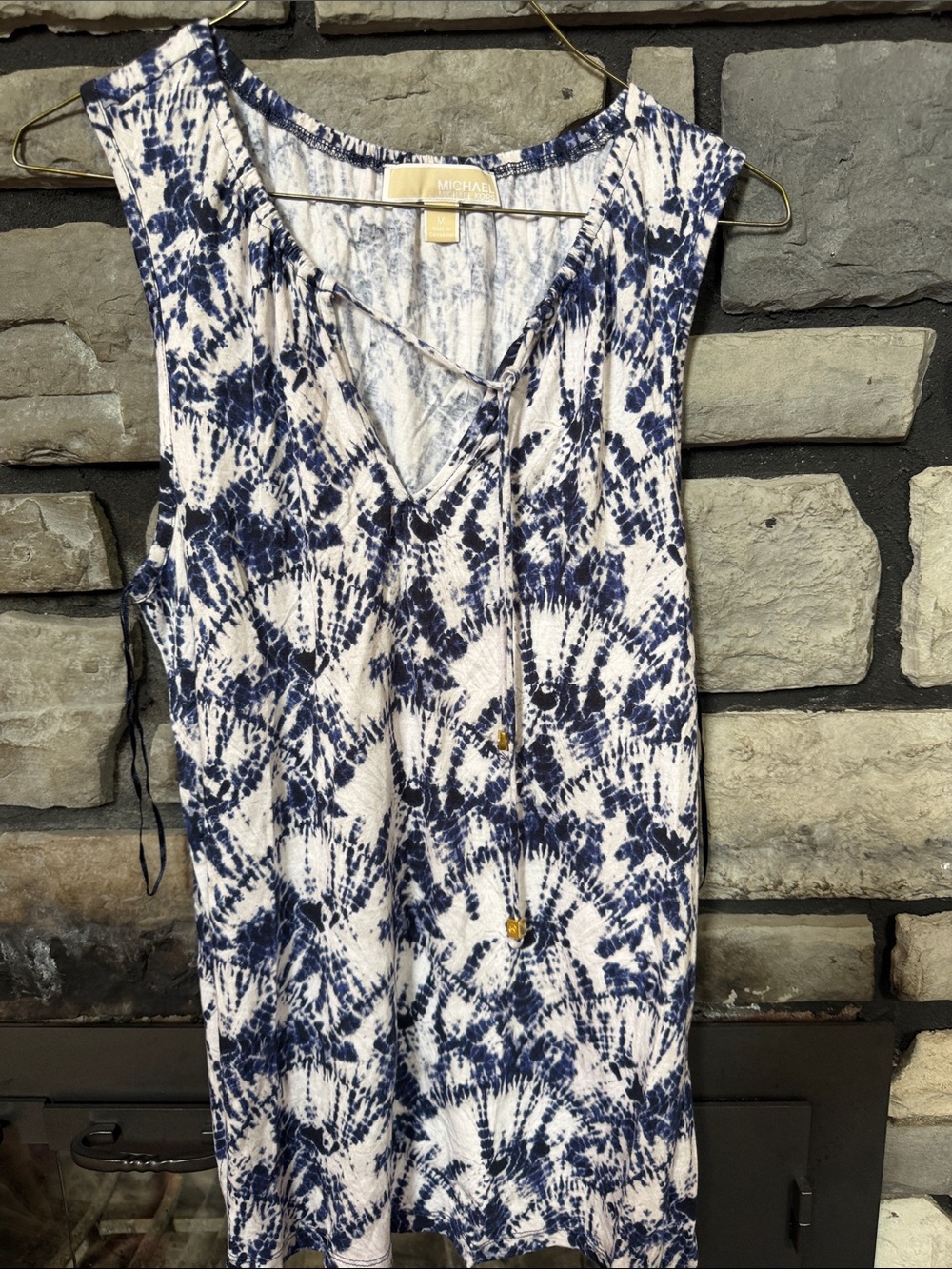 Michael Kors Navy and White Tie-Dye V-Neck Sleeveless Tank